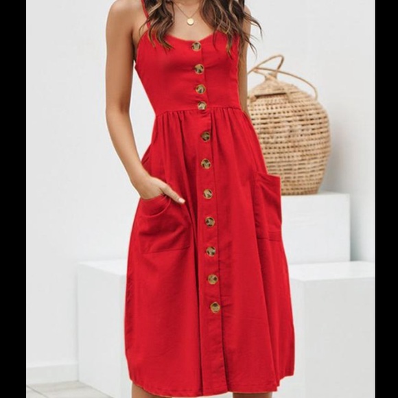 red button midi dress